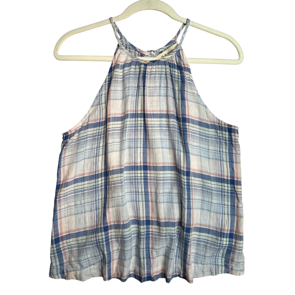 Cloth & Stone Blue Pink Plaid Halter Button Down Tank Top Women's Size Small